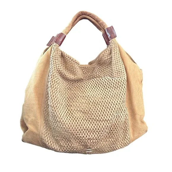 49 Square Miles Nubuck Leather Slouchy Hobo Shoulder Bag Perforated Tan Tote - Picture 3 of 14